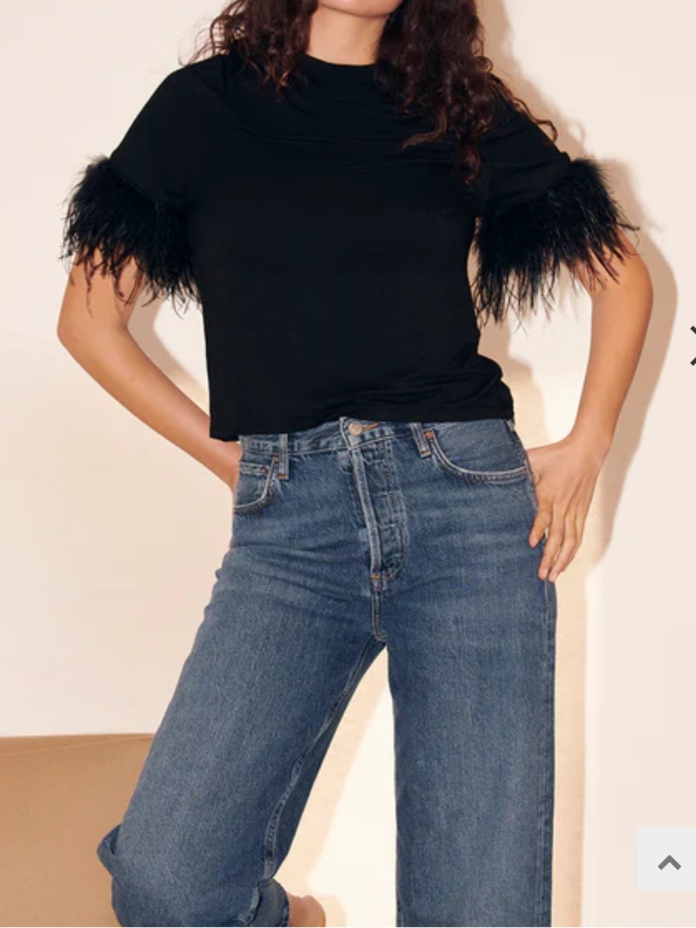 SAYLOR Jade Black Feather-Trim Short Sleeve Sweater Top